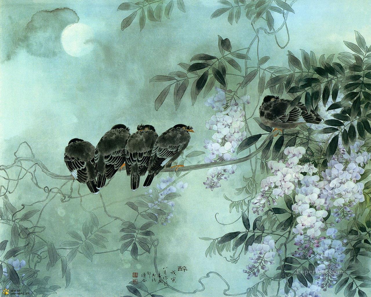 Oiseaux chinois fleurs sous la lune Peintures à l'huile